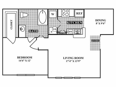 Floor plan for 1 bed, 1 bath, 750 sqft